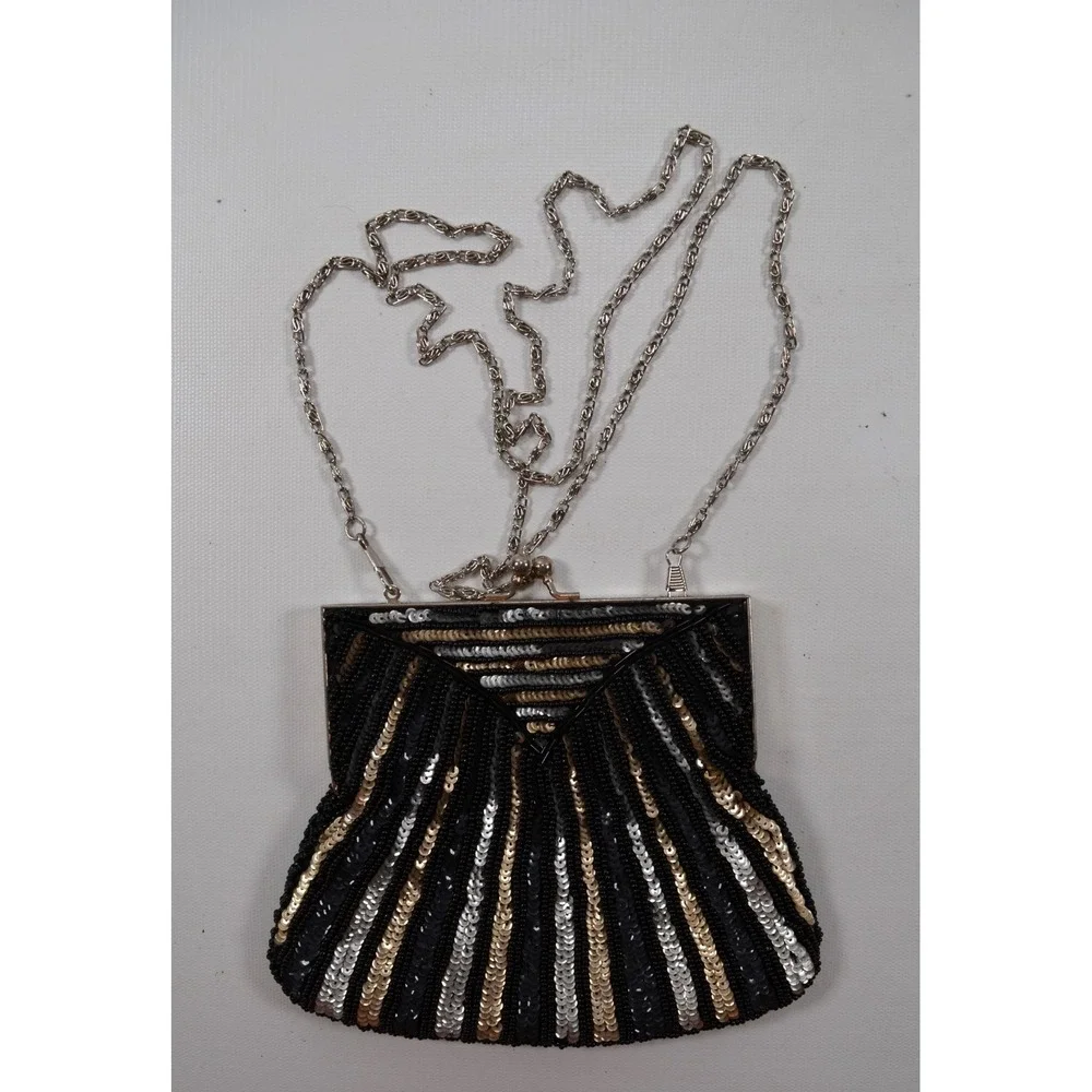 Vtg Gold Silver Sequined Beaded Handbag Purse Evening Purse Handmade Hong Kong